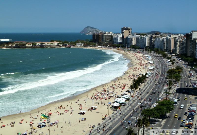 View of Copacabana Beach from hotel rooftop in Rio de Janeiro
